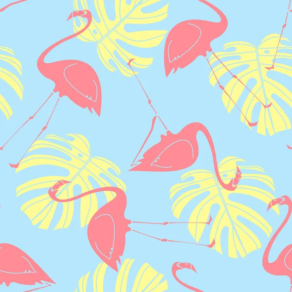 Siluet flamingo ve monstera mavi arka plan üzerinde rasgele. Dikişsiz desen arka plan tasarlamak vektör çizim yaz sezonu.