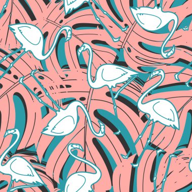 Flamingo ve monstera yeşil arka plan üzerinde rasgele.
