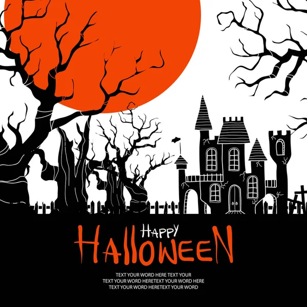 Silhouette Haunted Trees Castle Big Orange Moon White Background Space — Stock Vector