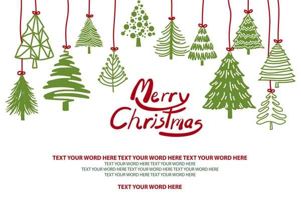 シンプルなフラット平らな手描き下ろしグラフィックでクリスマスの背景デザイン グリーン グラフィック クリスマス ツリーはテキスト用のスペースと白い背景の赤いロープで上からハングします — ストックベクタ