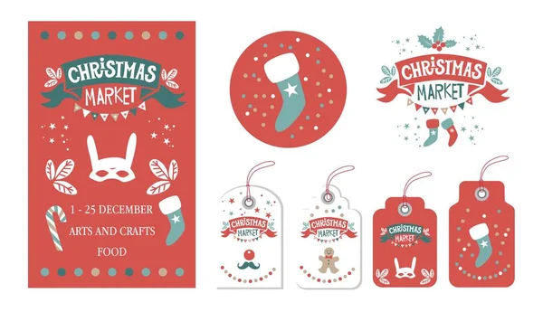 Weihnachtsset mit Tags, Aufklebern, Etiketten, Postern — Stockvektor