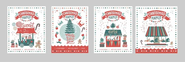 Un conjunto de carteles o postales del mercado de Navidad, Feliz Año Nuevo — Vector de stock