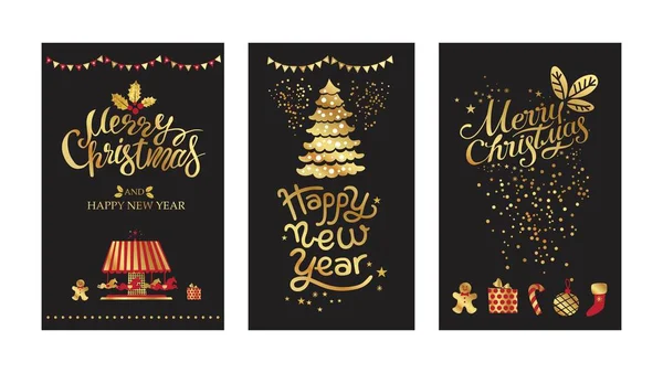 Feliz Navidad y feliz año nuevo emblema de oro — Archivo Imágenes Vectoriales