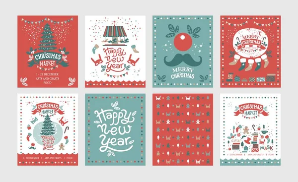 一連のポスターやポストカード クリスマス マーケット、新年あけましておめでとうございます — ストックベクタ