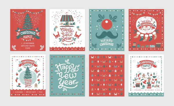 Bir dizi posterler veya Kartpostal Noel pazarı, mutlu yeni yıl