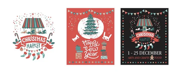 Um conjunto de cartazes ou cartões postais Mercado de Natal, Feliz Ano Novo —  Vetores de Stock