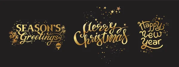 陽気なクリスマスと幸福な新しい年ゴールド紋章、記号 — ストックベクタ