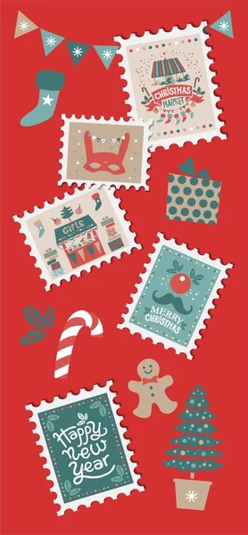 Weihnachtsset mit weihnachtlichen Elementen auf Briefmarken — Stockvektor