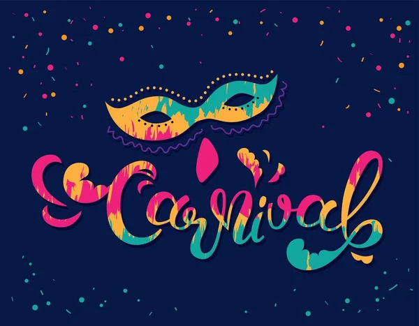 Carnaval dibujado a mano diseño de letras, máscara de mascarada — Vector de stock