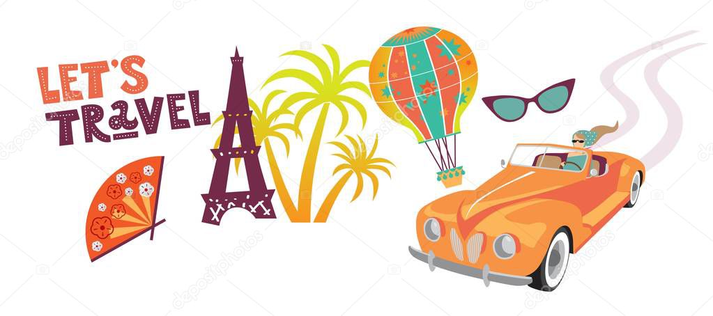 Travel illustration vector set with Eiffel tower, girl in convertible car, balloon, palm trees, glasses, suitcase