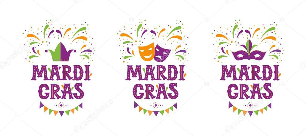Mardi gras party design set. Vector background with fireworks and garland. Fat tuesday, carnival.  Vector illustration. For poster, card, web, invitation.