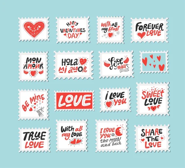 Conjunto de sellos postales de amor. Citas de amor, dichos. Letras dibujadas a mano e ilustración con corazones — Vector de stock