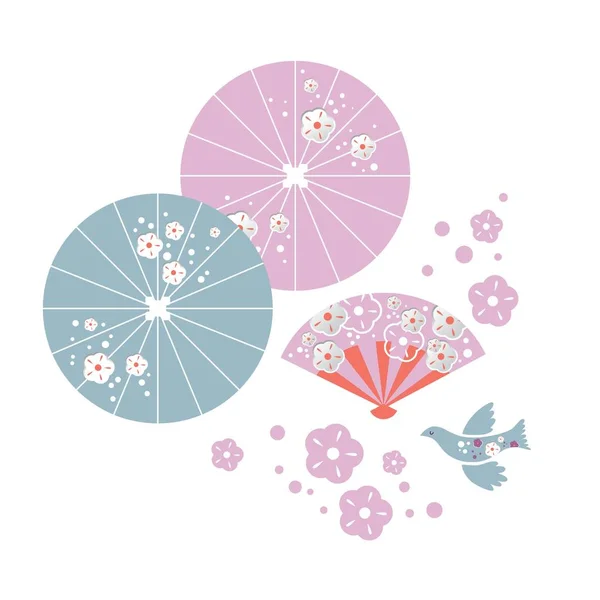 Set de sombrillas japonesas, abanico, pájaro, flor de cerezo — Vector de stock
