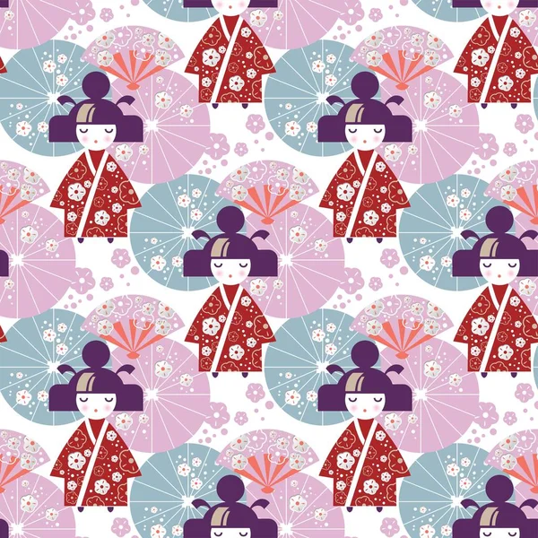 Patrón sin costuras chica japonesa, muñeca Kokeshi con paraguas nacionales japoneses y flores de flor de cerezo — Vector de stock