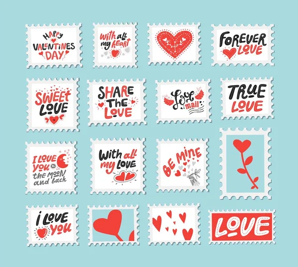 Conjunto de sellos postales de amor. Citas de amor, dichos. Letras dibujadas a mano e ilustración con corazones — Vector de stock