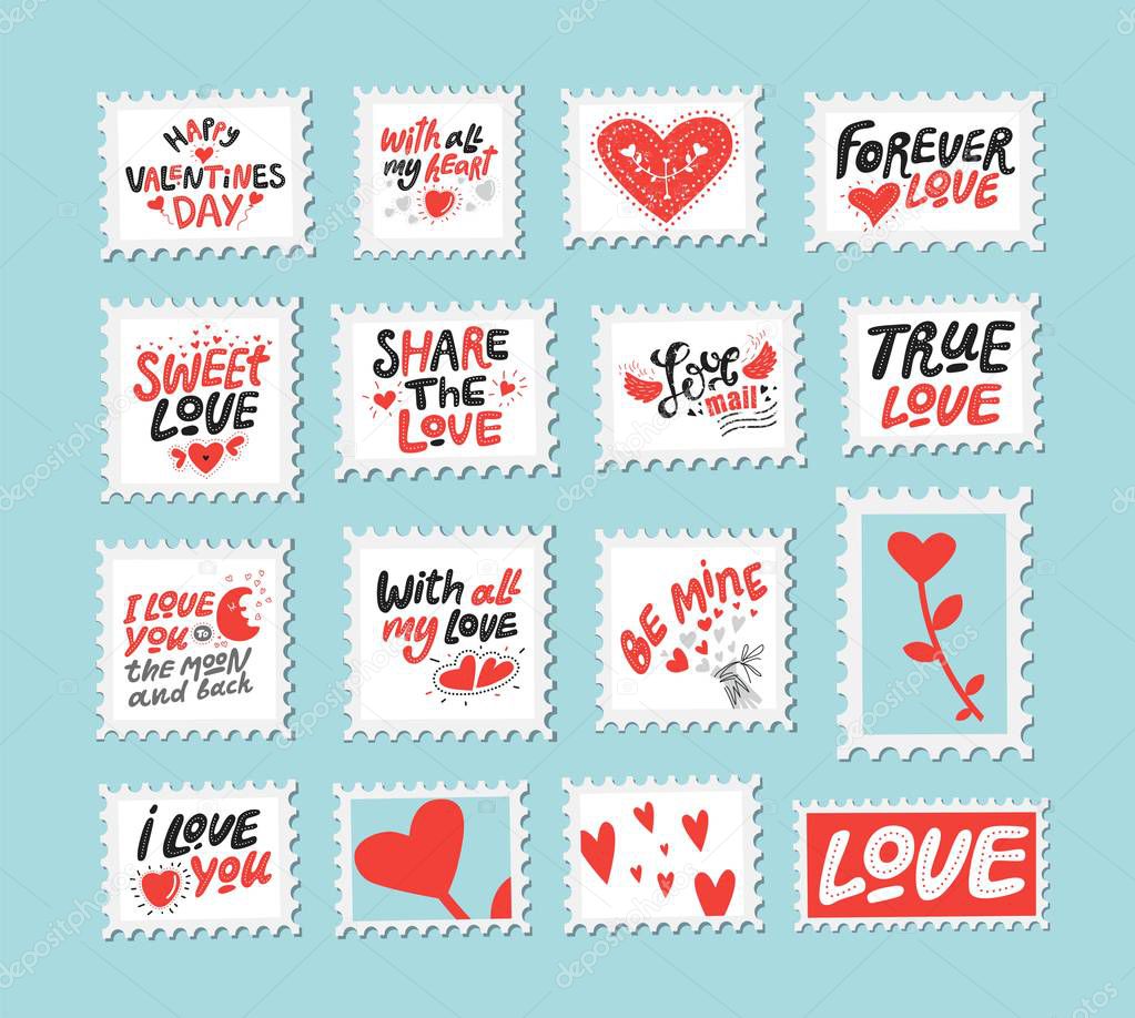 Conjunto de sellos postales de amor. Citas de amor, dichos. Letras  dibujadas a mano e ilustración con corazones Vector de stock por  ©svetichch@mail.ru 236120388, image size:1023x918