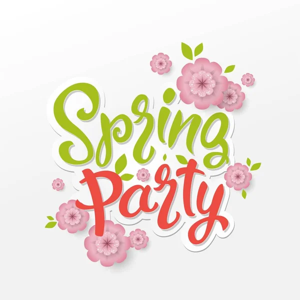 Vector spring party sign, emblem with hand drawn lettering and flowers on white background