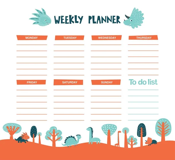 Vector weekly planner with dinosaurs, trees in cartoon style and cute elements — Stock Vector