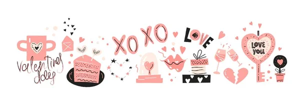 Día de San Valentín iconos conjunto de diseño con elementos dibujados a mano — Vector de stock
