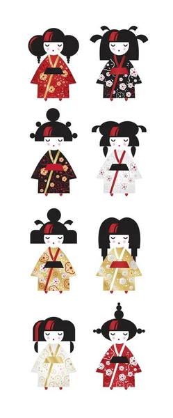 Karikatür tarzı Ulusal kostüm kimono Japon Geleneksel Kokeshi bebek kümesi. Sevimli vektör çizim oryantal tarzı tebrik kartı, davet, poster, çocuk odası dekorasyonu, ambalaj için