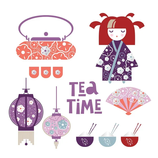 Japon çay kümesi. Japon kız, Kokeshi bebek, hayran, Japon lambaları, bardak pirinç ve sopa, Çaydanlık, çay kaseler