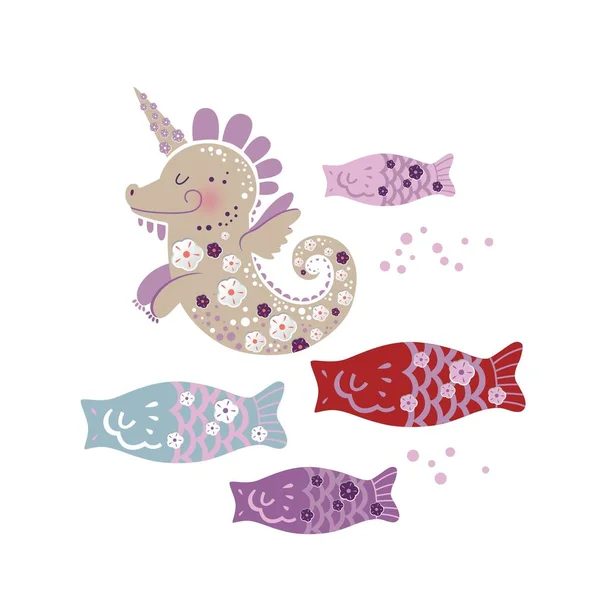 Ilustración de dragón unicornio con decoración floral y peces en estilo de dibujos animados — Vector de stock