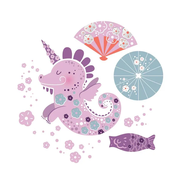 パラソル 魚鯉と花の装飾でユニコーンのドラゴンのイラストです 漫画のスタイル 桜の花 さくらんぼで和風で妖精ドラゴン ユニコーン 保育園のプリントのため — ストックベクタ