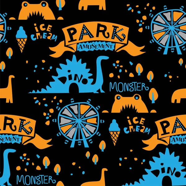 Patrón inconsútil Park. Atracciones, Rueda de la fortuna, globos, dinosaurios — Vector de stock