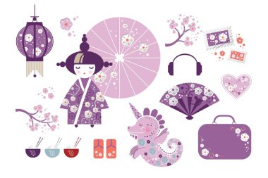 Japon kız, Kokeshi bebek, hayran, şemsiye, ejderha, tek boynuzlu at, Japon lambaları, balık, pirinç ve sopa, çay kaseler, kiraz çiçeği, kalp karikatür tarzı ile bardak seti