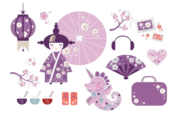 Комплект японской девушки, кукла Кокэси, веер, зонтик, дракон, единорог, японские фонари, рыба, чашки с рисом и палочками, чашки чая, вишня, сердце в мультяшном стиле — стоковый вектор