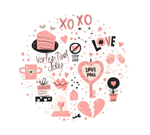 Set design Saint Valentin avec éléments dessinés à la main, Coeur brisé, lèvres, Texte d'amour — Image vectorielle