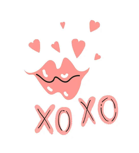 발렌타인 데이 인사말 카드 디자인입니다. 텍스트 Xo Xo와 마음으로 분홍색 입술 — 스톡 벡터