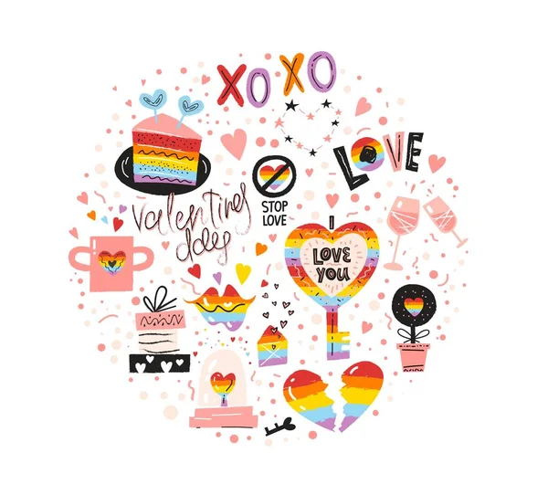 Día de San Valentín iconos conjunto de diseño con elementos dibujados a mano, corazón del arco iris roto — Vector de stock
