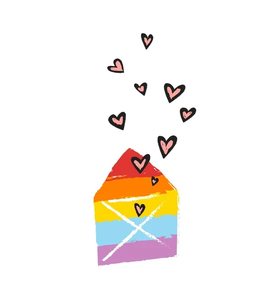 Arco iris sobre y corazones lindo vector ilustración en estilo de dibujos animados. Correo de amor . — Archivo Imágenes Vectoriales