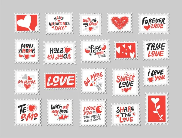 Conjunto de sellos postales de amor. Citas de amor, dichos — Vector de stock