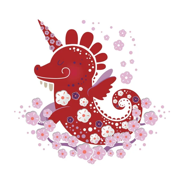 Ilustración Dragón Unicornio Con Decoración Floral Estilo Dibujos Animados Ideal — Vector de stock