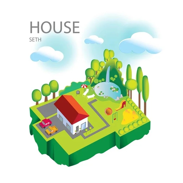 Векторная иллюстрация дома на газоне с зоной отдыха — стоковый вектор