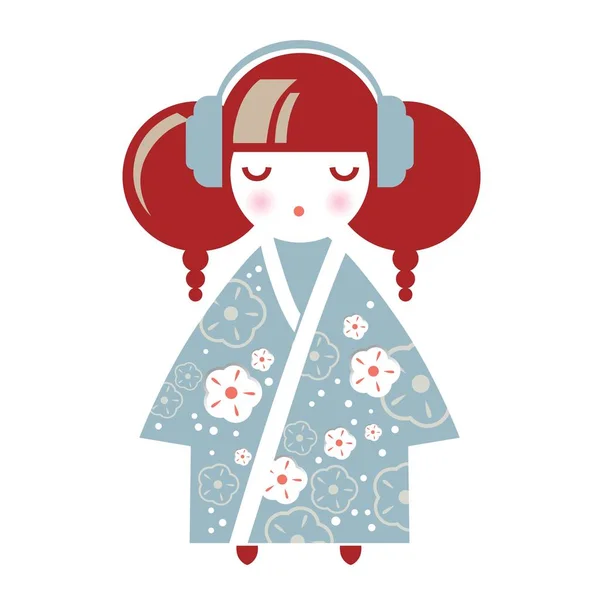 Illustration av en japansk flicka i form av en nationell Kokeshi doll i en kimono med blommig inredning i hörlurar — Stock vektor