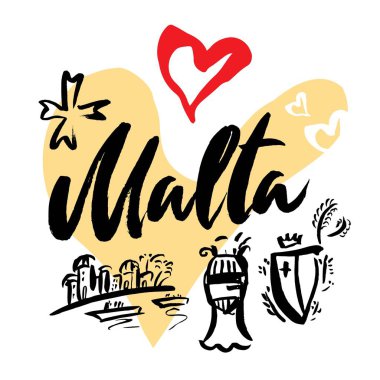 Malta kaligrafi tarzı ikonik sembolleri ile kalpleri, knight'ın kalkan Malta çapraz, şövalye kask arka plan üzerinde ayarla