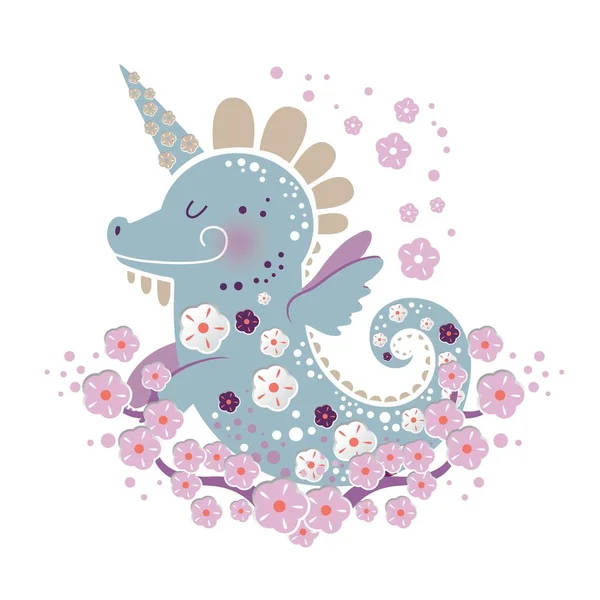 Illustration de dragon licorne avec décor floral en style dessin animé — Image vectorielle