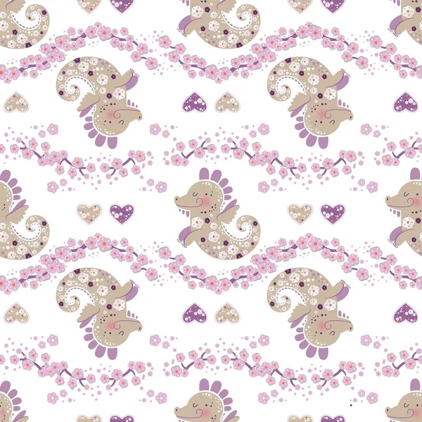 桜の花のシームレスなパターンとユニコーン — ストックベクタ