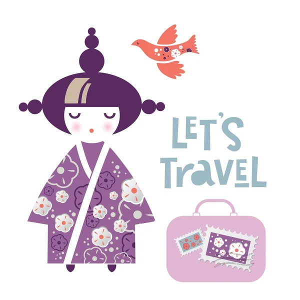Illustration av en japansk flicka i form av en nationell Kokeshi doll i en kimono med blommig inredning med en resväska och text låt oss resa — Stock vektor