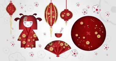 Set of Japanese girl, Kokeshi doll, fan, umbrella, Japanese lanterns, cup with rice and sticks clipart