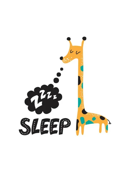 Ilustração de uma girafa adormecida com uma nuvem de texto e um som Z-Z-z em estilo cartoon —  Vetores de Stock