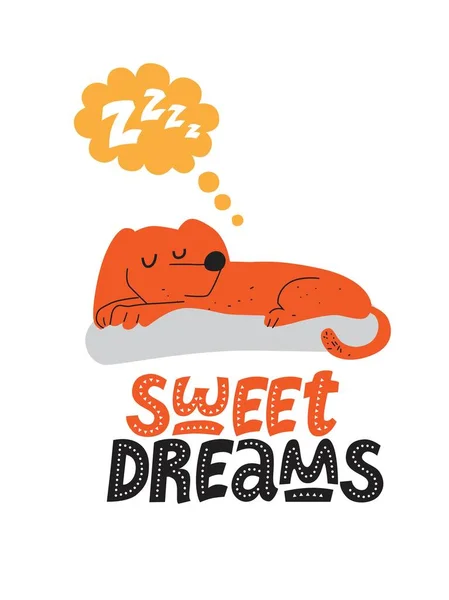 Ilustracja psa spania w stylu cartoon. Literowanie ręcznie rysowane słodkie sny w stylu cartoon — Wektor stockowy