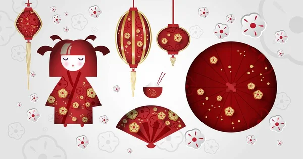 Dizi Japon kız, Kokeshi bebek, hayran, şemsiye, Japon lambaları, fincan pirinç ve sopa ile