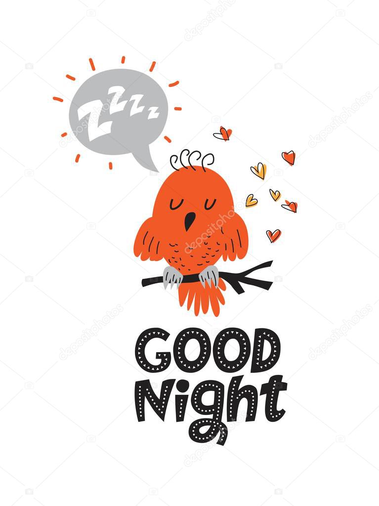 Illustration of a Sleeping bird with a text cloud and the sound of Z-Z-Z in cartoon style