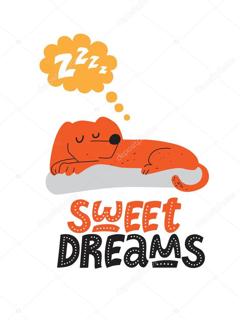 Illustration of a Sleeping dog in cartoon style. Lettering hand drawn Sweet dreams in cartoon style