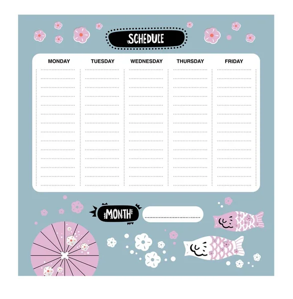 Vector weekly planner with japanese icons in cartoon style — Stock Vector