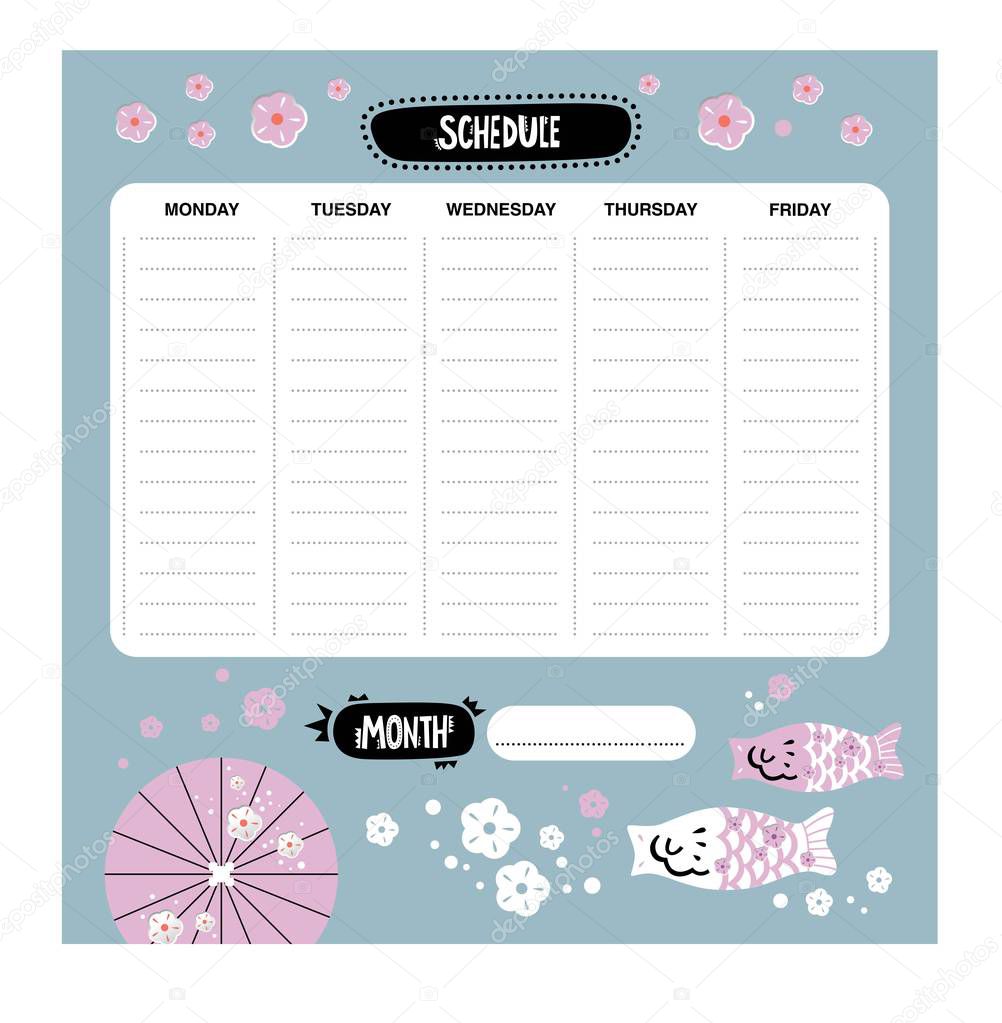 Vector weekly planner with japanese icons in cartoon style